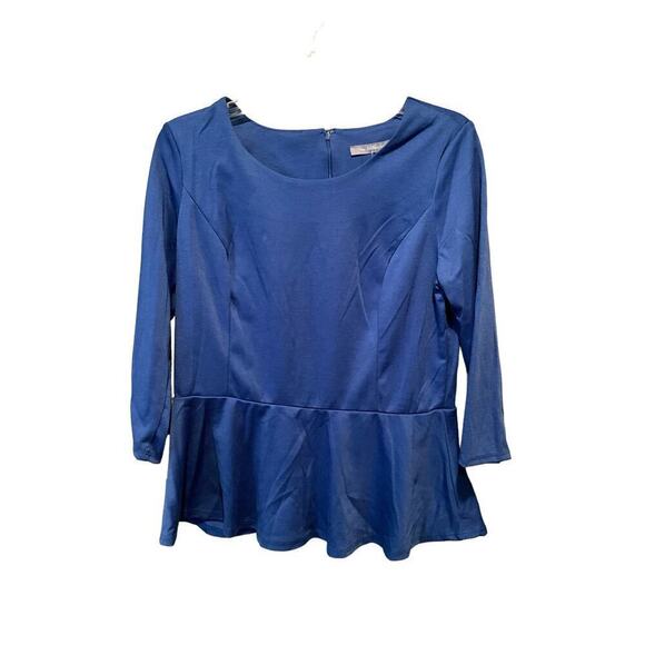 NY Collection Peplum Top Womens Large Blue Polyester Stretch Round Neck Back Zip - Picture 1 of 5